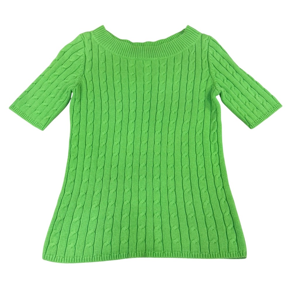 Talbots Petites Lime Green Cable Knit Cotton Short Sleeve Boat Neck Sweater S‎ P